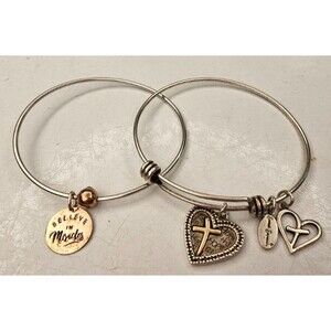 Pair of 2 925 Silver Bangle Religious Charm Bracelets